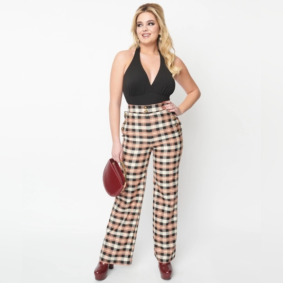 Unique Vintage Black and Tan Plaid Sailor Pants - Picture 2 of 5